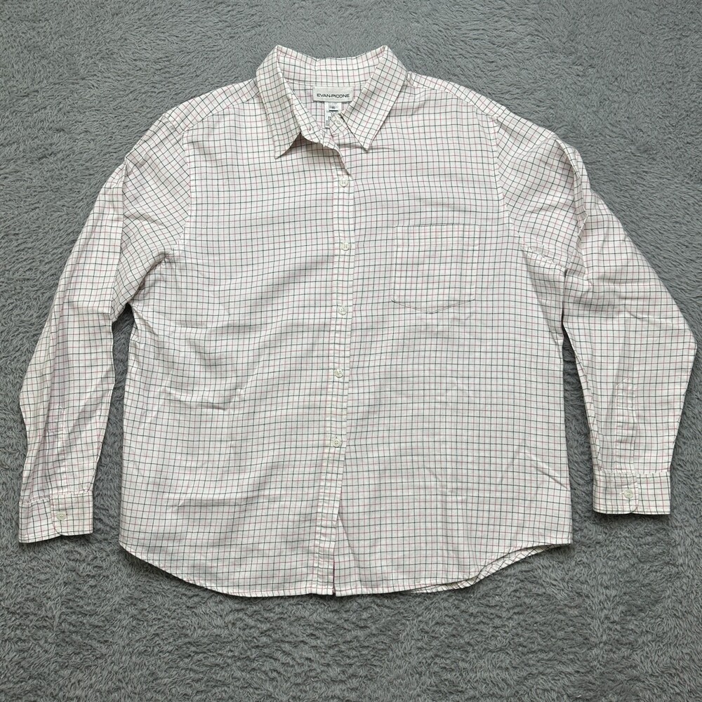 Evan Picone Shirt Women 16 White Plaid Button Up Collared Long Sleeve Casual